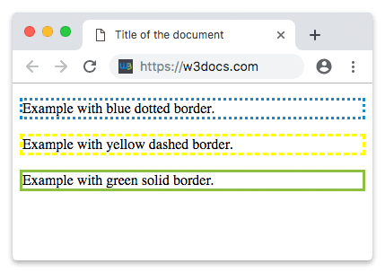Tres párrafos con bordes CSS azul punteado, amarillo discontinuo y verde sólido