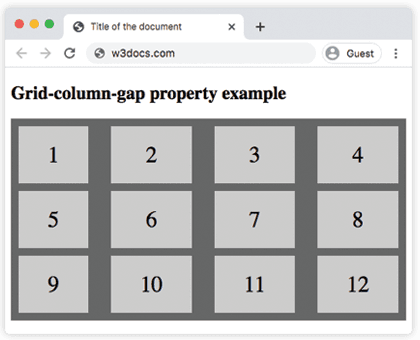 Propiedad CSS grid-column-gap: una cuadrícula de cuatro columnas con un espacio de 30px entre columnas y un espacio de 10px entre filas
