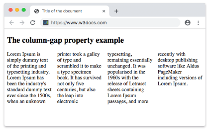 Propiedad CSS column-gap con el valor normal representada en cuatro columnas