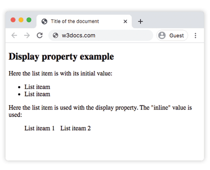 Ejemplo de la propiedad CSS display mostrando elementos de lista renderizados de forma inline
