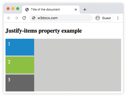 CSS justify-items start: tres elementos de cuadrícula alineados al borde izquierdo de cada celda