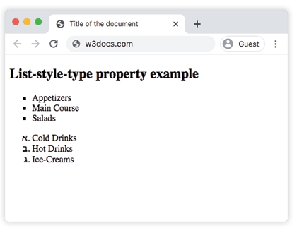 Una lista con marcadores cuadrados y una lista numerada en hebreo renderizada por la propiedad list-style-type